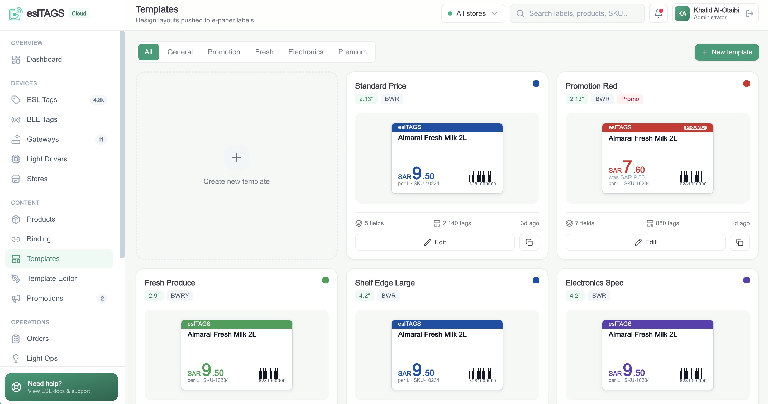 eslTAGS template designer showing label templates for pricing, promotions and categories